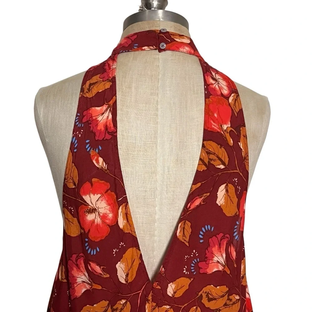 Intimately Free People Beaux Red Multi Floral Mock Neck Backless Slip Dress S